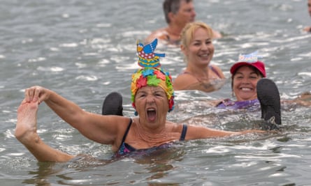 The Bluetits of Leigh on Sea celebrate the group’s first anniversary with an outdoor swim at Chalkwell beach.