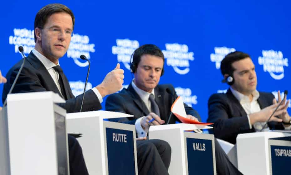 (L-r) The prime ministers of the Netherlands, Mark Rutte; France, Manuel Valls, and Greece, Alexis Tsipras, at a panel session in Davos.