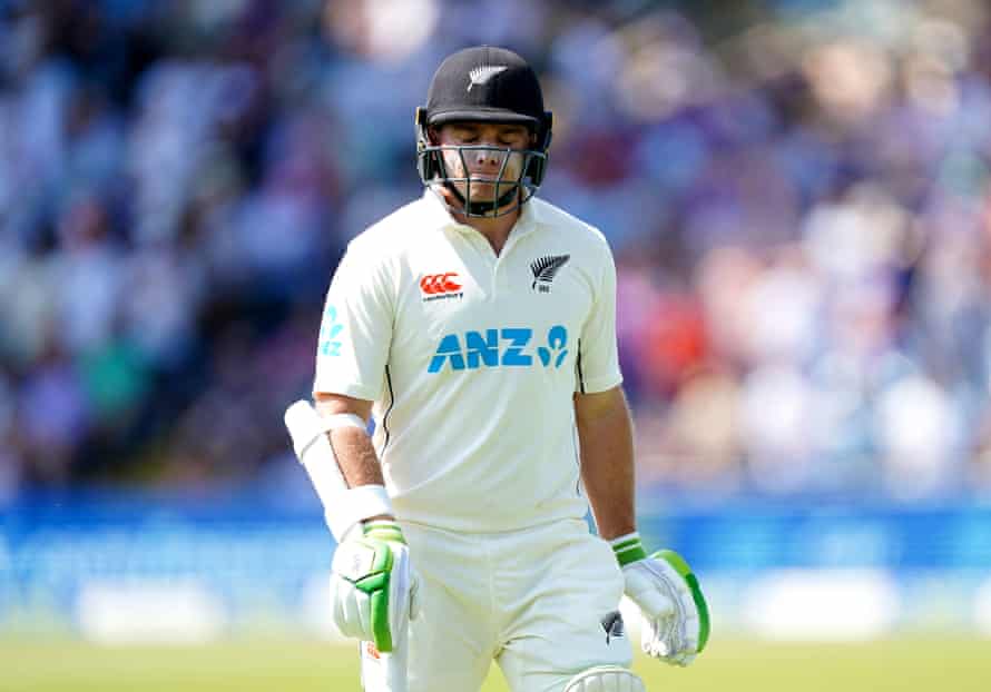 The perfect start for England as Tom Latham trudges back to the pavilion.