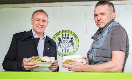 Dale Vince with a burger in a carton at Forest Green Football Club.