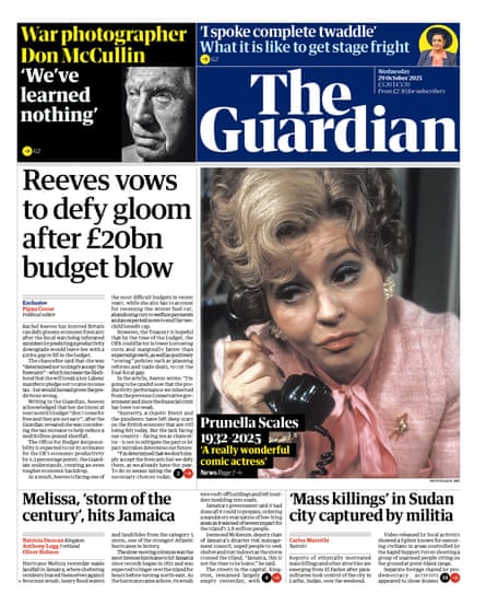 Guardian front page, Wednesday 29 October 2025