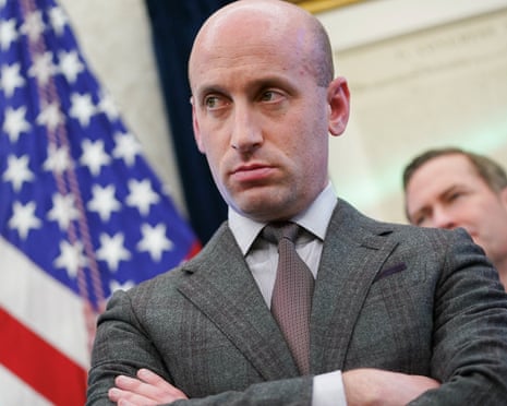 White House Deputy Chief of Staff Stephen Miller stands, as U.S. President Donald Trump (not pictured) signs executive orders and proclamations, in the Oval Office at the White House in Washington, D.C., U.S., April 9, 2025.