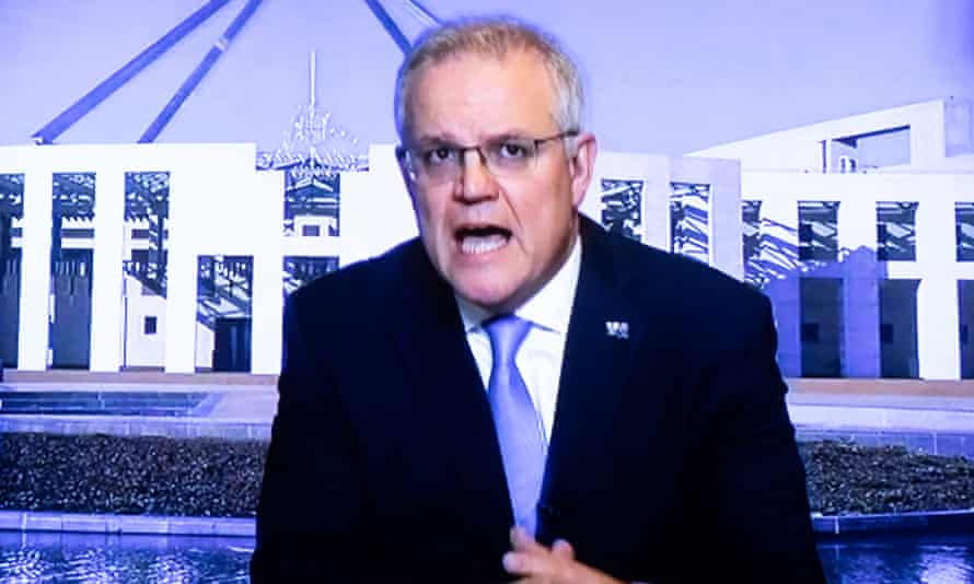 Prime Minister Scott Morrison via video from the lodge during question time in the house of representatives, Parliament House Canberra.