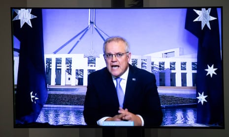 Prime Minister Scott Morrison via video from the lodge during question time in the house of representatives, Parliament House Canberra. Thursday 24th June 2021. Photograph by Mike Bowers. Guardian Australia.