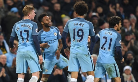 Raheem Sterling (second left) celebrates with Manchester City teammates Kevin De Bruyne, Leroy Sané and David Silva in 2016.