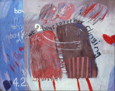“Two Boys Cling to Cliff All Night.” Hockney enjoyed the double meaning here, having quite a crush on Cliff Richard. It is also a nod to the Walt Whitman poem of the same name.