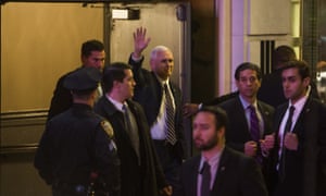Mike Pence leaving the Broadway play Hamilton, where cast members urged him to respect the rights of minorities, women and gay people.