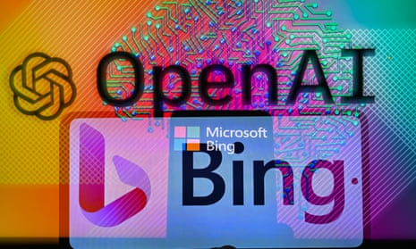 OpenAI displayed on screen with Microsoft Bing double photo exposure on mobile