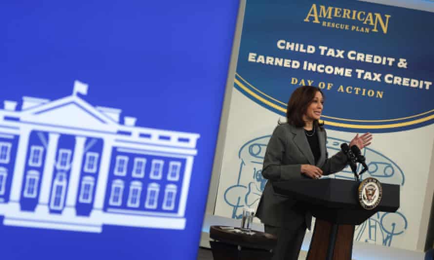 Vice-President Kamala Harris delivers remarks on child tax credits, on 8 February.