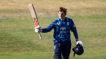 Thomas Rew acknowledges the applause on reaching his century during the second ODI between England U19 and India U19 at The County Ground in June 2025.