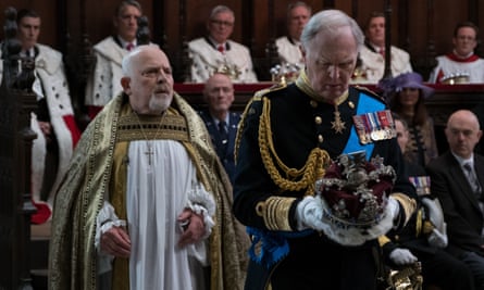 John Shrapnel, left, as the archbishop, with Tim Pigott-Smith in the title role of the TV film King Charles III, 2017.