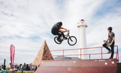 A rider performs a BMX air-trick at the Donkin Reserve, Port Elizabeth, South Africa.