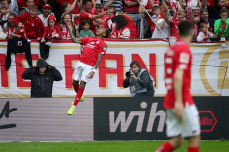 Mainz’s Jean-Paul Boetius celebrates after scoring their equaliser.