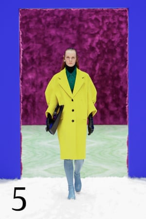 Block colours Think head-to-toe bursts of colour in the more-is-more school of dressing. At Prada, co-creative directors Miuccia Prada and Raf Simons scattered colour throughout the collection, such as a drop-shoulder, puff-sleeve coat in vibrant yellow. At Roksanda, there were oversized coral and citrus maxi dresses, while Burberry was awash with pops of red, pink and blue. Prada AW21