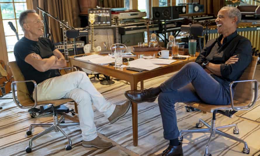 Bruce Springsteen and Barack Obama recording their podcast of conversations at Springsteen’s home studio in New Jersey.
