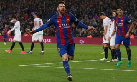 Lionel Messi celebrates after scoring one of his two goals for Barcelona against Sevilla.