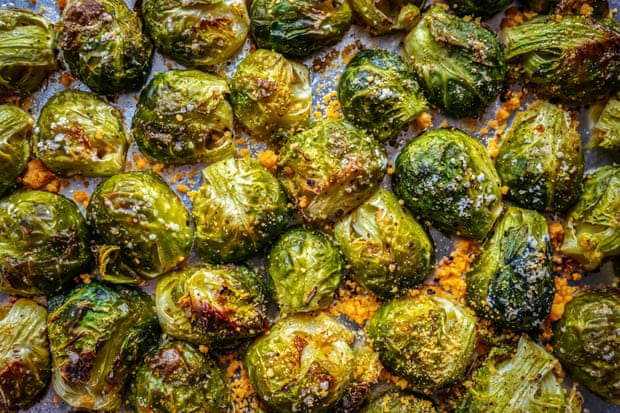 Oven-roasted brussels sprouts on a baking tray