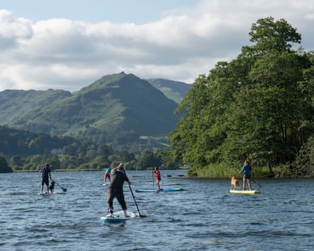 A group of people are paddleboarding, some with dogs on their boards, on a large lake. There are green hills in the distance