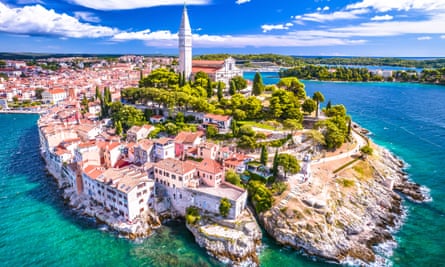 Rovinj old town aerial panoramic view, tourist destination in Istria region of Croatia