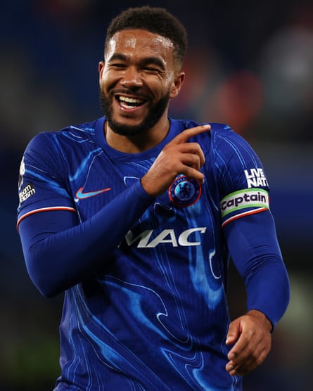 Reece James smiles after the full-time whistle of the Premier League match between Chelsea and Manchester United