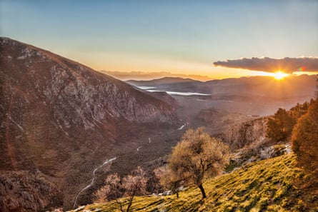 Amazing sunset view of green Greek valley