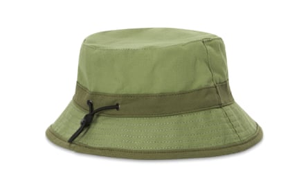 A kids’ khaki bucket hat on a white background