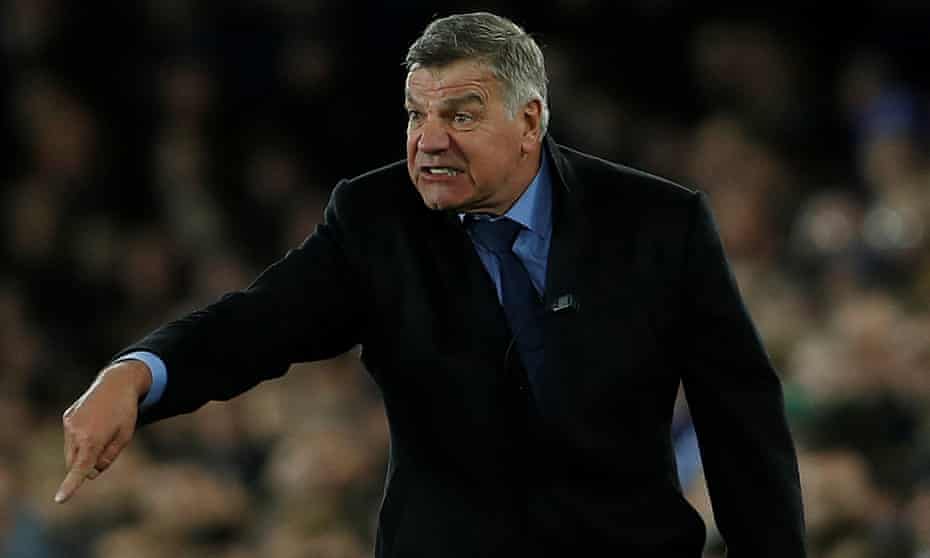 Sam Allardyce makes a point to his Everton players during the 2-0 win over Huddersfield at Goodison Park – his first game in charge of the team
