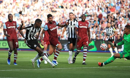 Alexander Isak scores the first of his two goals.