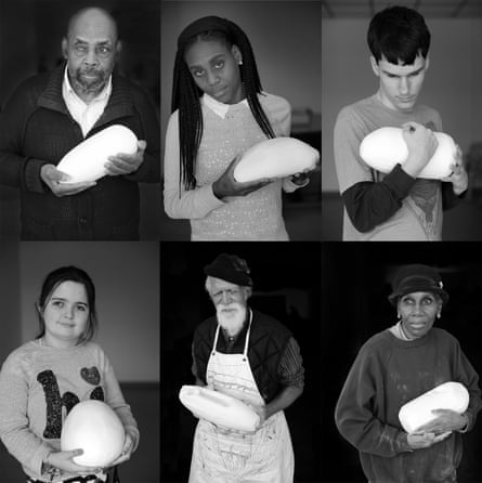 A composite photo of six people holding white pebble-like sculptures.