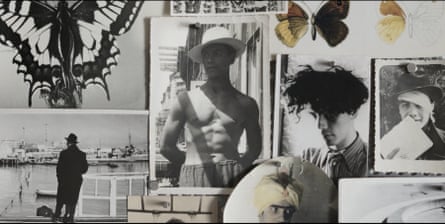 A collage of black and white photographs with butterflies dotted around