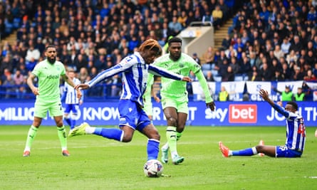 Ike Ugbo scores Sheffield Wednesday’s second goal against West Brom.
