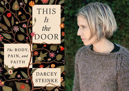 side by side images of book cover with floral print and woman looking to side