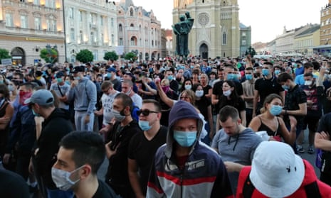 Protesters gather to protest against the coronavirus (Covid-19) measures announced by Serbian President, Aleksandar Vucic, in Novi Sad.