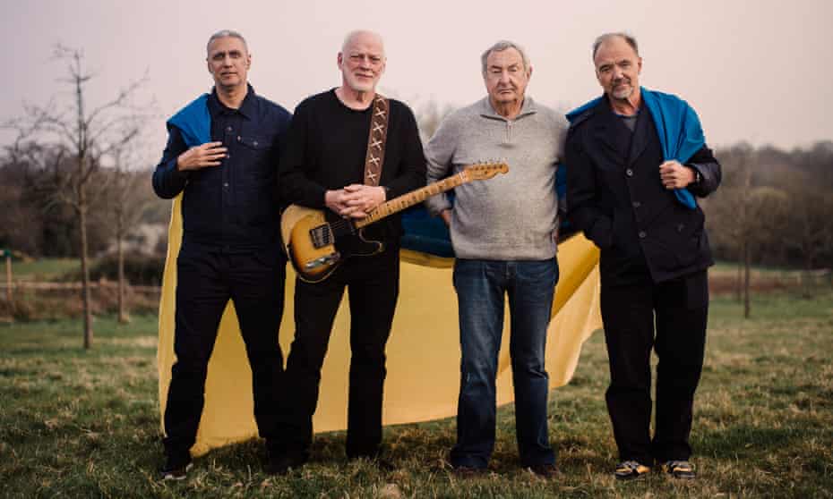 David Gilmour and Nick Mason, flanked by Nitin Sawhney and Guy Pratt, who have contributed to the new Pink Floyd recording.