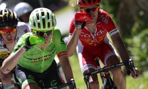 USAâs Lawson Craddock and Franceâs Nicolas Edet competing in the Tour de France, 2016.