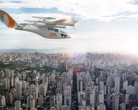 Mock up of Vertical Aerospace’s air taxi in the air over a city.