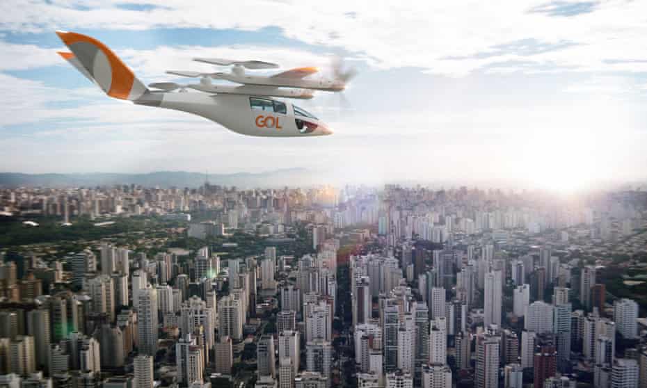 Mock up of Vertical Aerospace's air taxi in the air over a city.