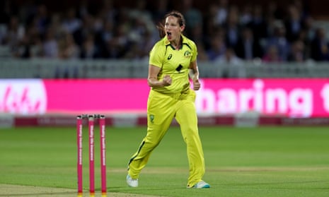 Megan Schutt of Australia celebrates after taking the wicket of Danni Wyatt.