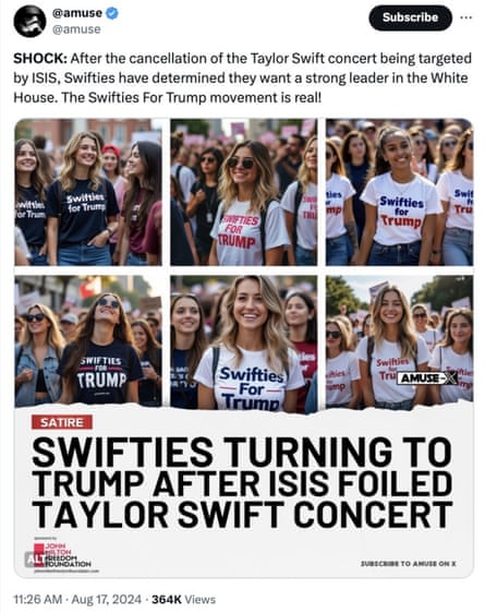 A screenshot of a tweet says ‘Swifties turning to Trump after Isis foiled Taylor Swift concert’ with six images of people wearing Swifties for Trump shirts