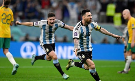 Lionel Messi and Julian Alvarez celebrate during Argentina’s 2-1 win over Australia