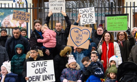 Parents and pupils outside Laycock primary school protesting against cuts to the unit.