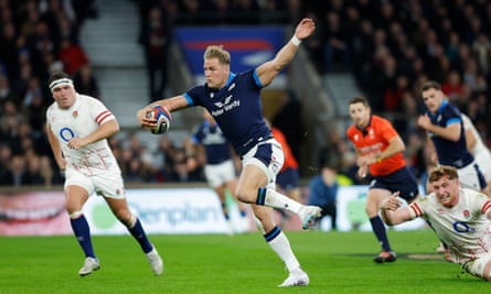 Duhan van Der Merwe scores Scotland's second try against England in the Six Nations.