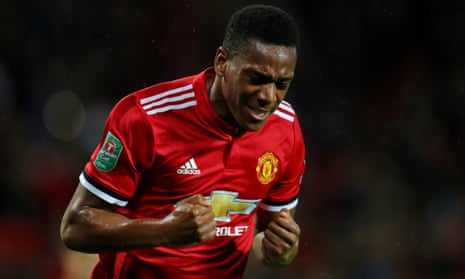 Anthony Martial celebrates his goal against Burton in the Carabao Cup. The Frenchman has scored four goals already this season after netting eight times last term.