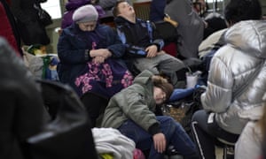 Ukrainian refugees sleeping at a train station in Prezmysl, Poland today.