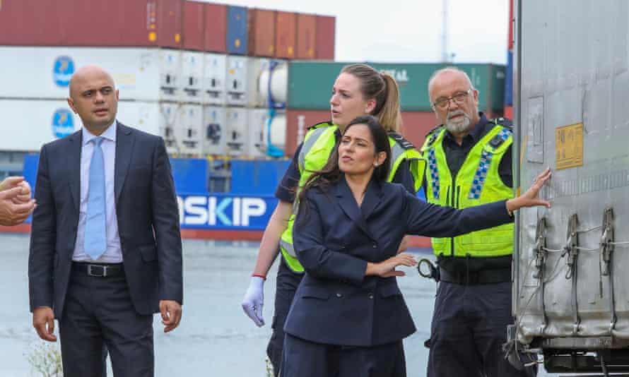 Sajid Javid, the chancellor, and Priti Patel, the home secretary, on a visit to Tilbury Docks today.