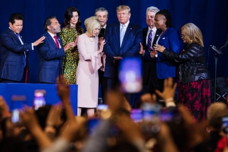 Local religious leaders pray alongside Donald Trump at the King Jesus International Ministry during a “Evangelicals for Trump” rally in Miami, Florida, on 3 January 2020.