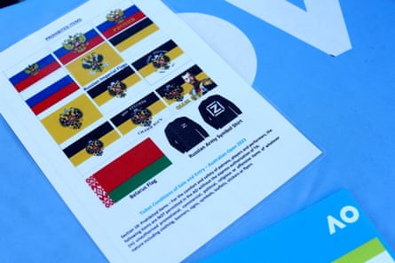 A prohibited items list at the Australian Open, including the flags of Russia and Belarus