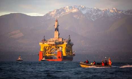 The Transocean Polar Pioneer in April 2015 on its way to Alaska where it was to drill for oil on behalf of Shell before the company scrapped the operation.