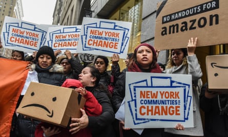 Demonstrators oppose Amazon’s plan to build a headquarters in New York City at a protest in November 2018.