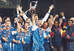Vialli celebrates with Chelsea after winning the 1998 Cup Winners’ Cup final against Stuttgart in Stockholm.